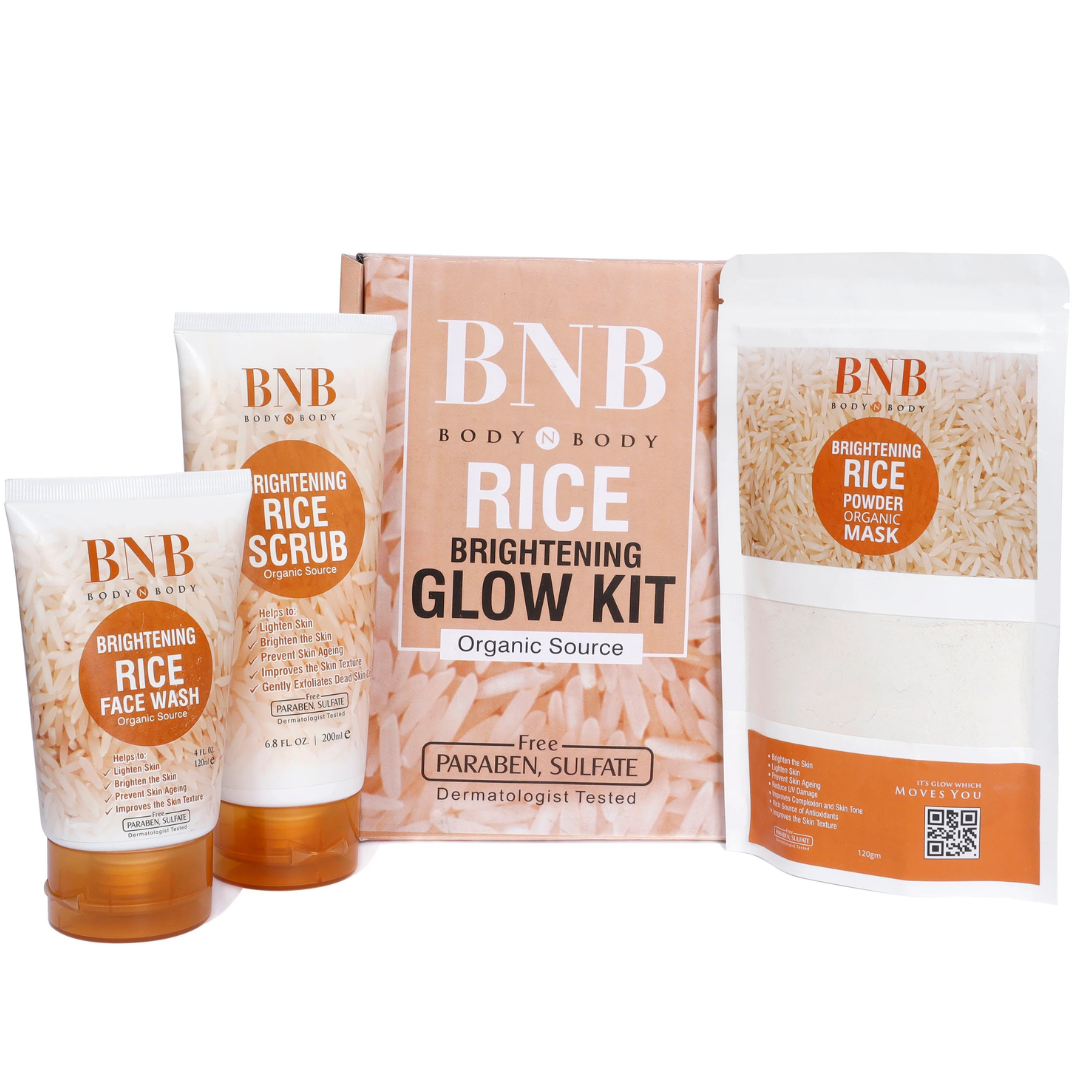 BNB Rice Extract Bright & Glow Kit ( Rice Face Wash + Rice Scrub + Rice Mask) - Flavless.com