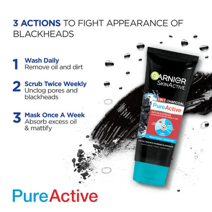 Garnier Skin Active 3-in-1 Charcoal Blackhead Face Wash Mask Scrub 100ml