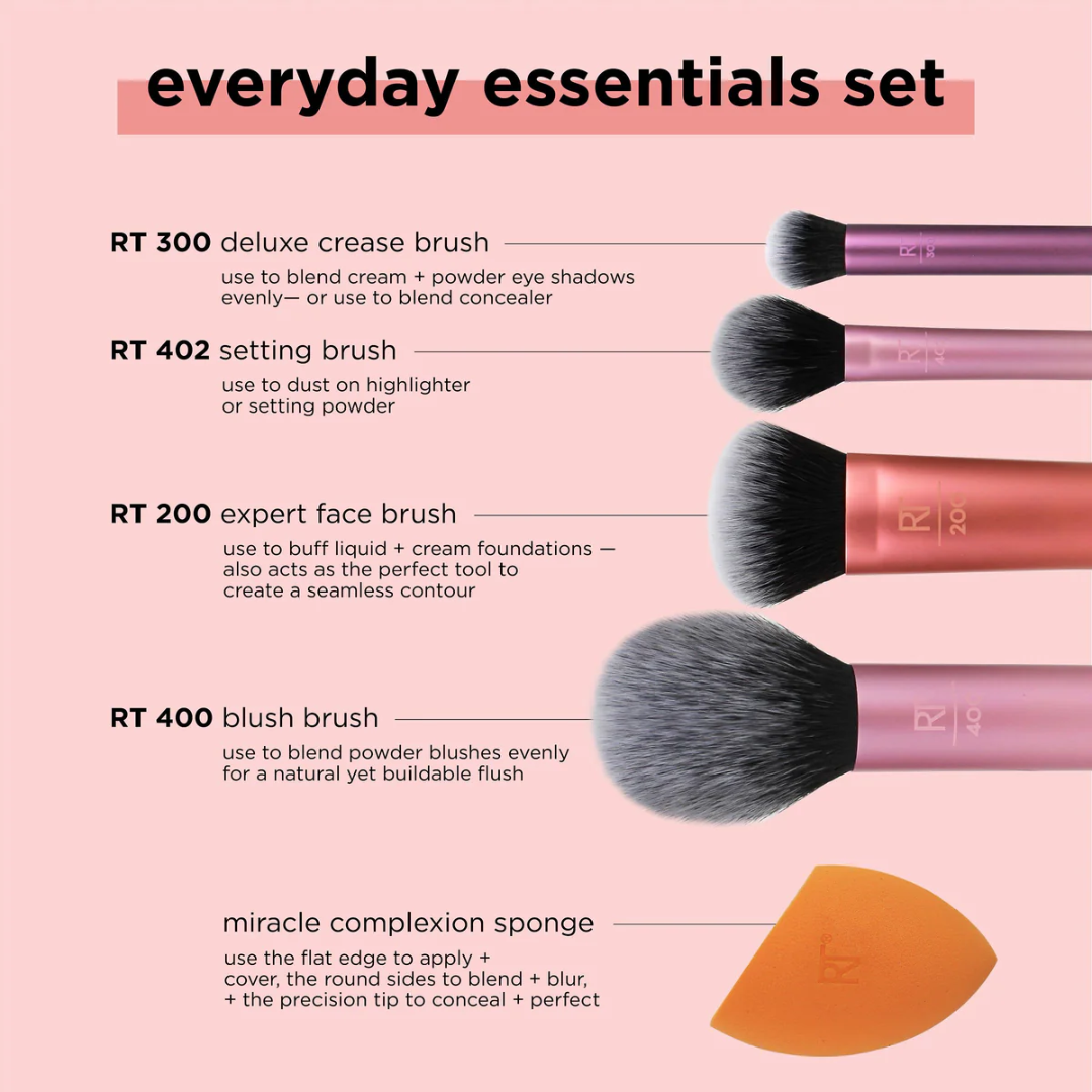 Real Techniques Everyday Essentials Makeup Brush Set with Miracle Complexion Sponge - Flavless.com